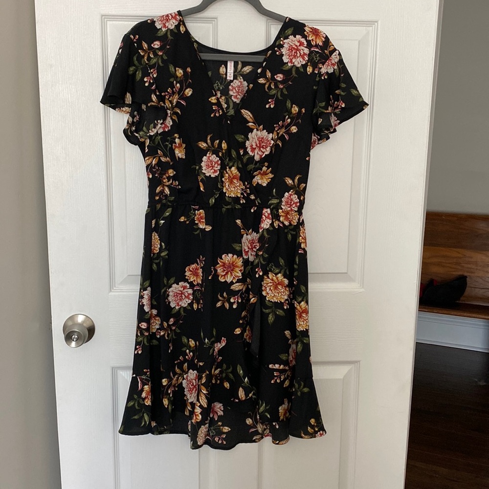 Floral Black Wrap Dress